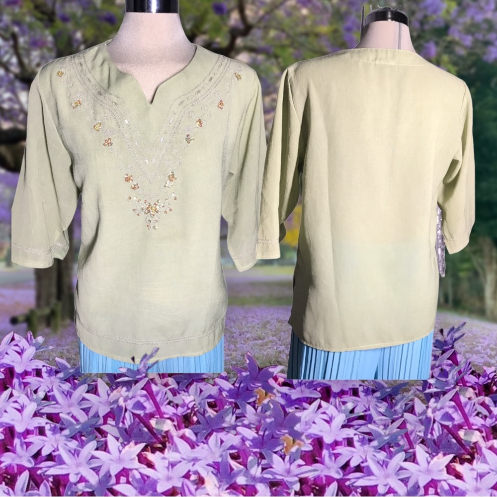 BLOUSE green embelished pattern sequins Size M